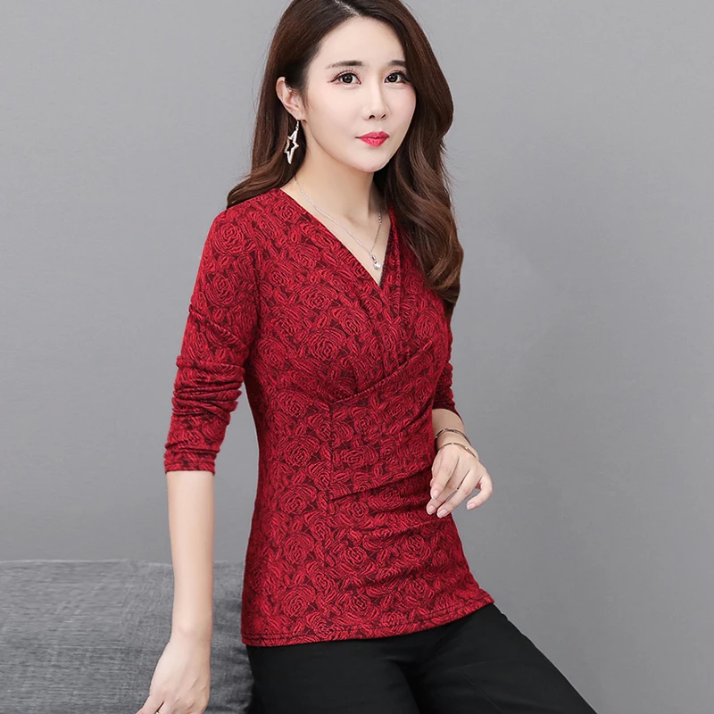  Dingaozlz M-3XL New fashion V neck Women clothing Autumn New jacquard shirt Plus size Lady blouse P