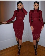 2017 New Wine Red Women Summer Dresses Mesh Long Sleeve High Neck Celebrity Party Dress Knee Length Sexy Bodycon Bandage Dress