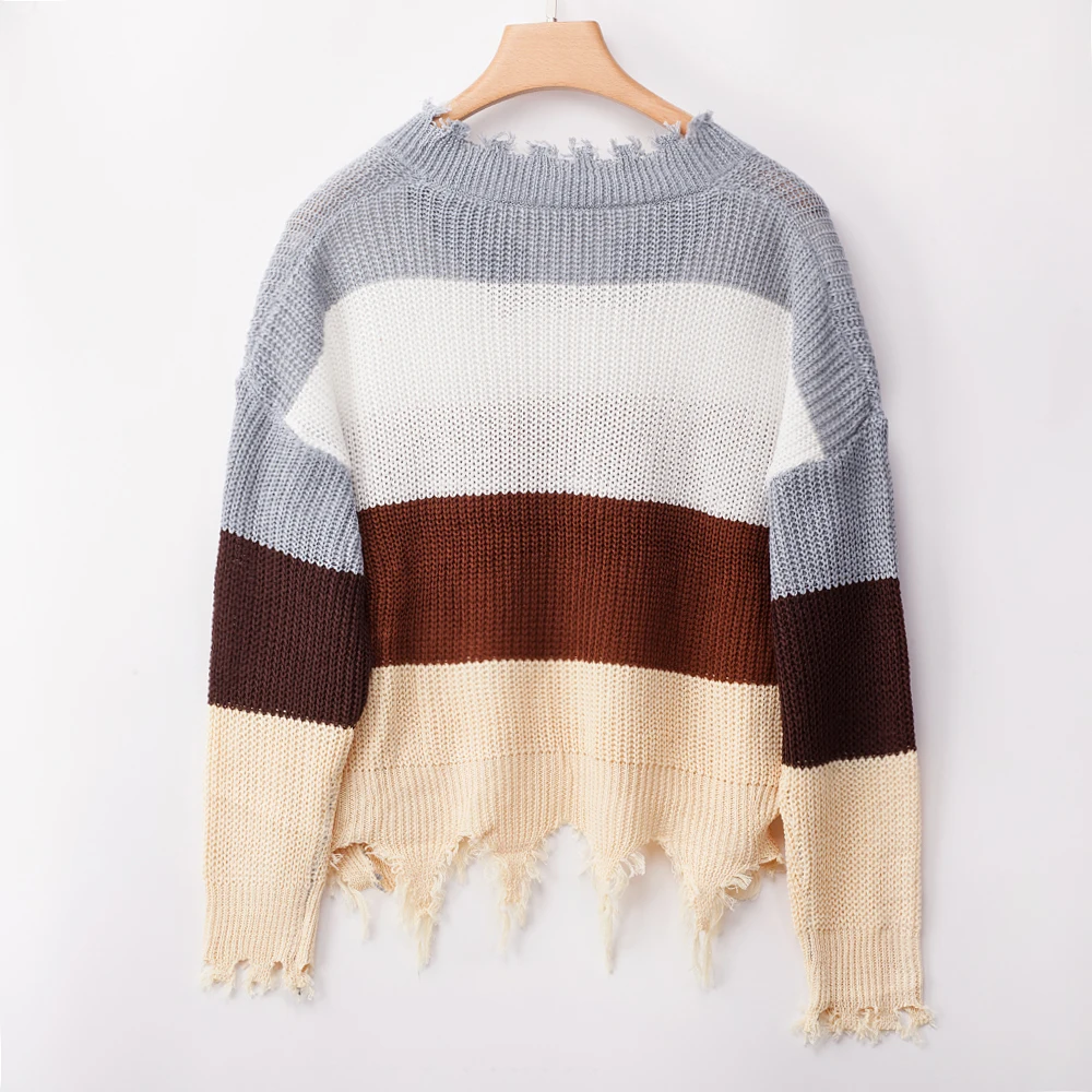 Rainbow Sweater Women Ripped V Neck Pullover and Sweater Long Sleeve Striped Autumn Knit Sweater