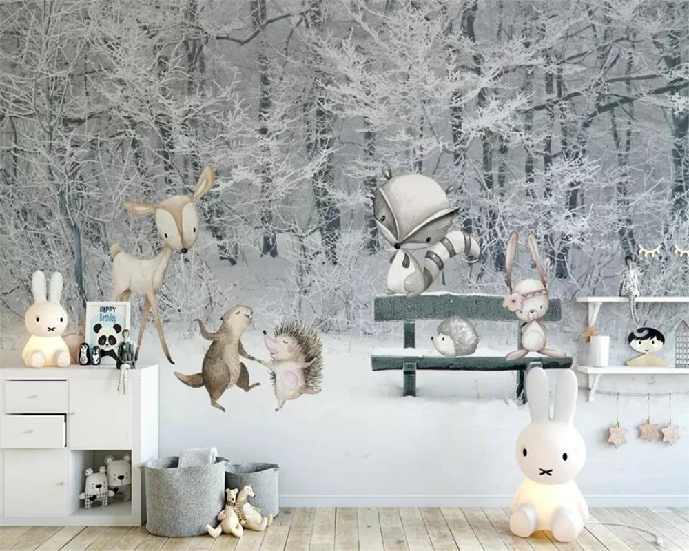 Beibehang пользовательские 3d обои детская комната зима снег сцены лес мультфильм животных задний план обои домашний декор behang
