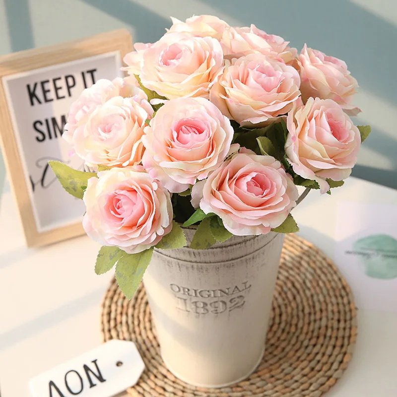 Flone Artificial Silk Rose Flower Bouquet Fake Flowers 12 Head Small Fresh Wedding Rose Decoration Home Decoration Accessories (20)