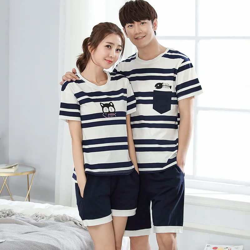 

Cotton pajamas for Couples pajamas short-sleeved Fashion stripes cotton summer loose home suits men's pyjama shorts sleepwear