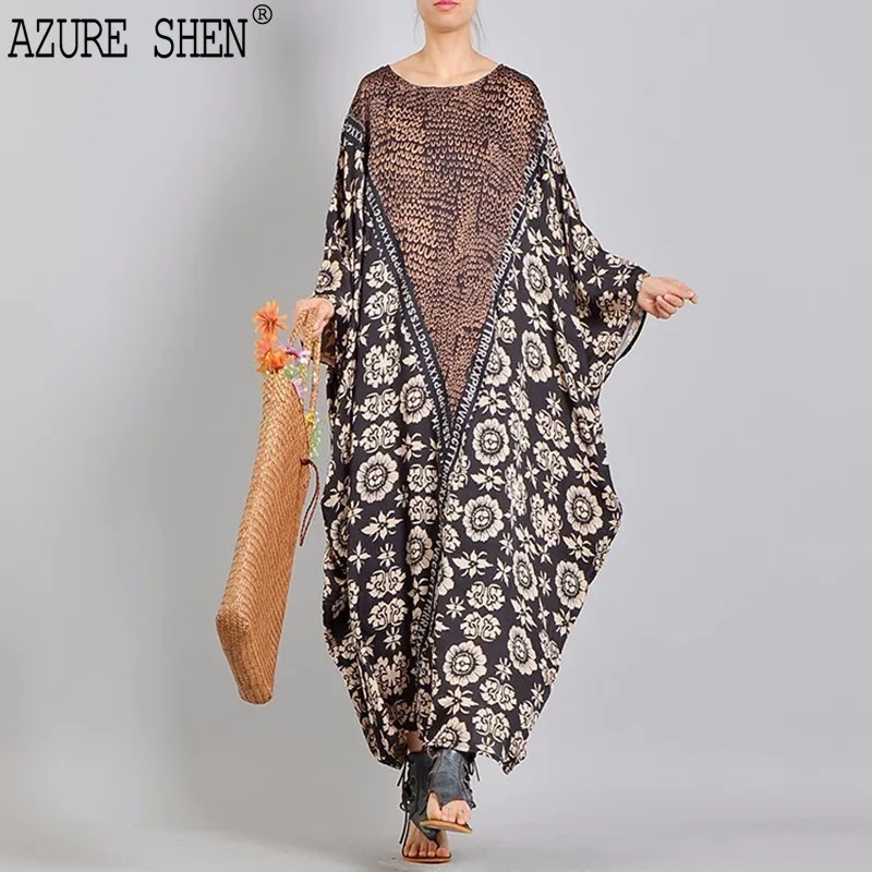 [EWQ] New Summer 2018 Fashion large size round collar full Bat sleeve stitching printed loose dress women QD151