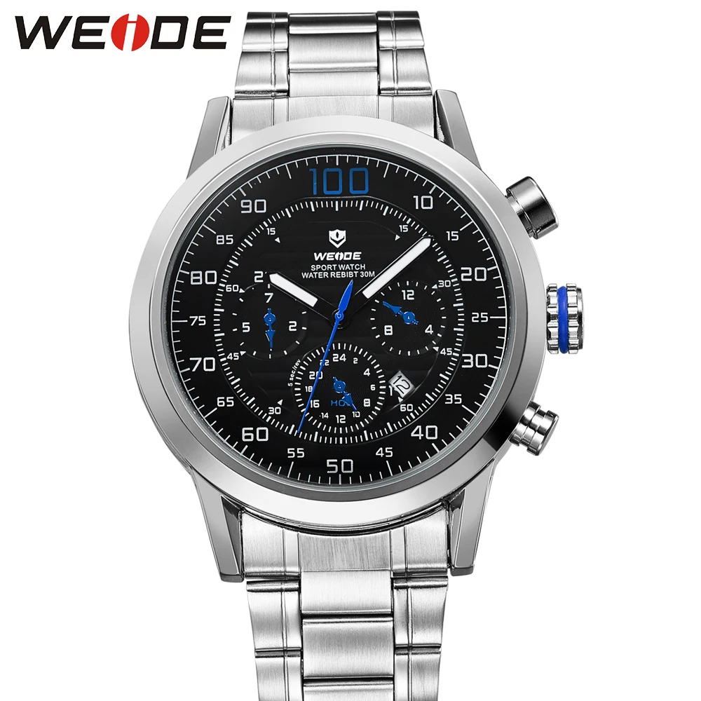 

Top Brand WEIDE Sport Watch Men Quartz Analog Watches Full Steel Band Blue Dial Man 30m Waterproof Military Wristwatch Relogios
