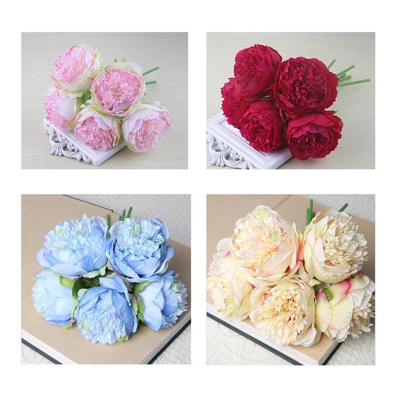 5 Pcs Artificial Decorations Peony Flower Bouquet  Colorful Silk Red Flowers for Home Wedding Party Office Decor DIY Supplies dried hydrangea bouquet