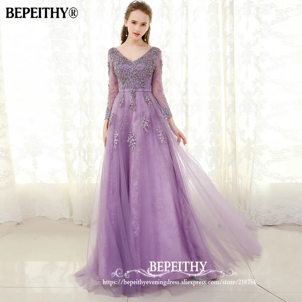 BEPEITHY фиолетовое длинное вечернее платье с длинными рукавами vestido de festa кружевное винтажное элегантное выпускное платье с v-образным вырезом