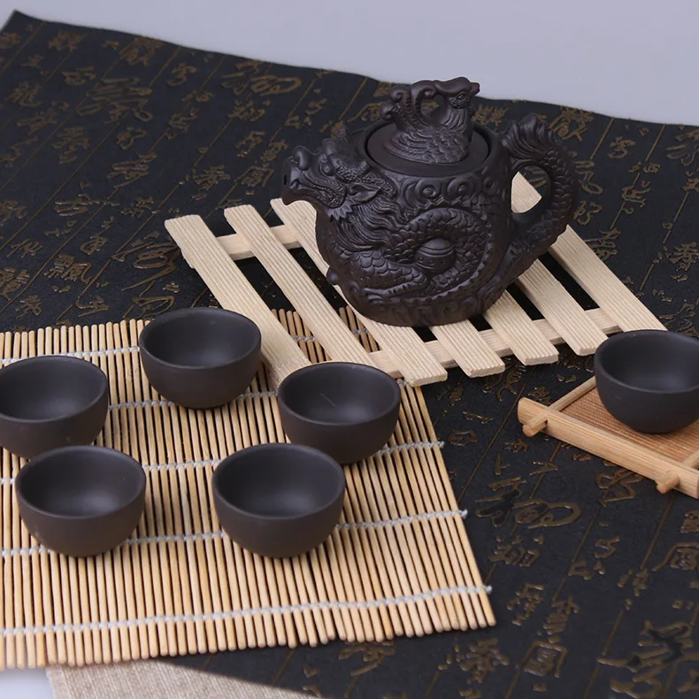 Chinese Dragon Kung Fu Tea Sets,Yixing Purple Clay Teapot 210ml,Black Teacup,1 Pot + 6 Cups Tea Service High Quality Set
