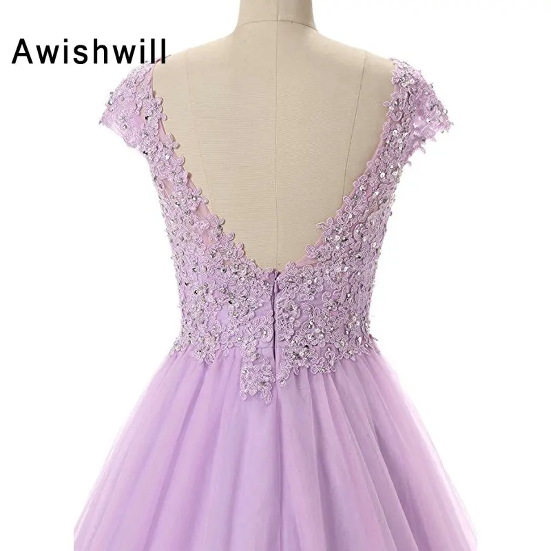 Real Photo Cap Sleeve V-neck Floor Length Appliques Beaded Tulle Lavender Color Long Prom Dresses Ball Gown Robe de Bal long prom dresses