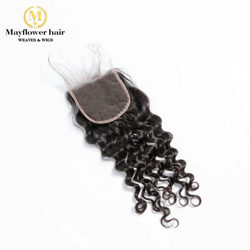 Mayflower 4X4 "Funmi волосы удивительный завиток кружева закрытие натуральный черный цвет свободный расставание или средний пробор Remy волосы