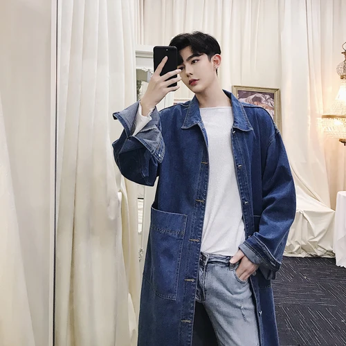 Мужской длинный Повседневный джинсовый Тренч, уличная одежда в стиле хип-хоп, модный Свободный ковбойский кардиган, куртка, Мужская джинсовая ветровка, пальто - Цвет: Синий