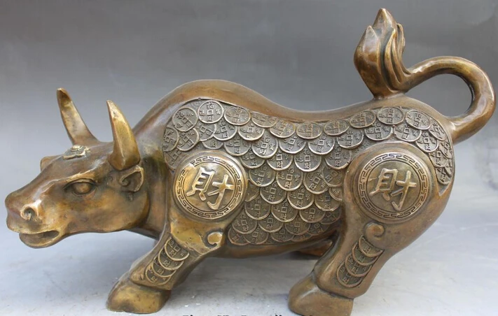 

bi003597 14" Chinese Bronze Folk Money Wealth Fengshui Zodiac Year Bull Ox Cattle Statue