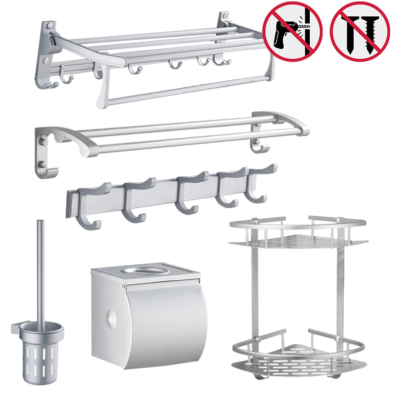 Nail Free Bathroom Shelf Set Toilet Paper Holder Towel Bar Bath Towel Racks Bathroom Hooks Toilet brush Bar Bathroom Accessories