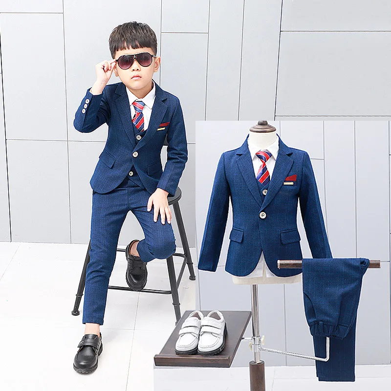 Kids Formal Suit Wedding Birthday Party Dress Flowers Boys Blazer Vest Pants 3pcs Tuxedo Children Prom Performance Costume L12