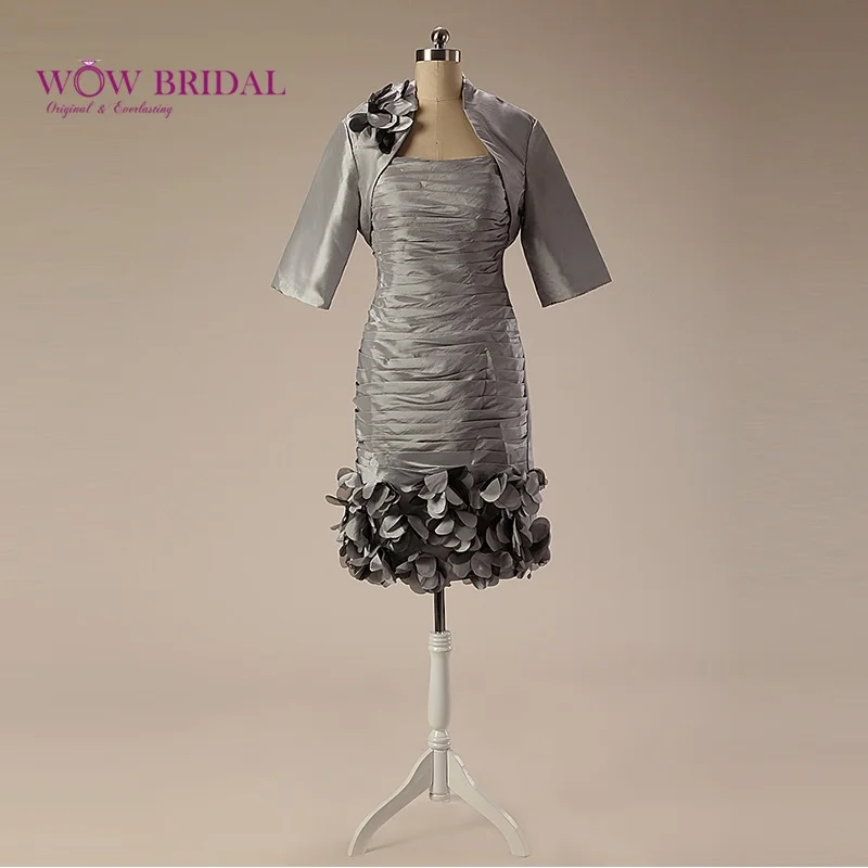 Серебристые платья Wowbridal из тафты для матери невесты с курткой Короткие вечерние