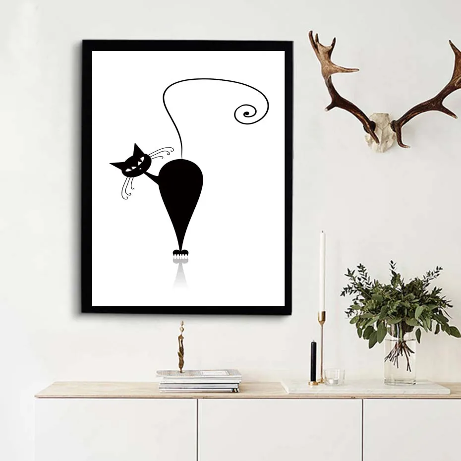 Kawaii Cat Wall Art Canvas Painting Black White Cat Animal Prints