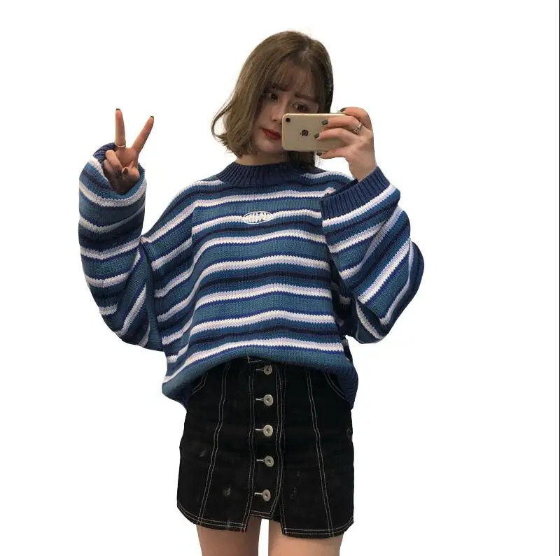 

Spring and Autumn Women's New Loose Wild Stripe Long Sleeve Sweater