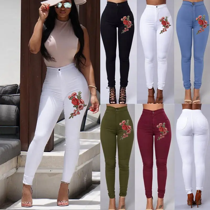 

Plus Size XXL XXXL Black White Skinny Stretch Pencil Pants Women Emboridered High Waist Jeans Long Slim Leggings Jeans