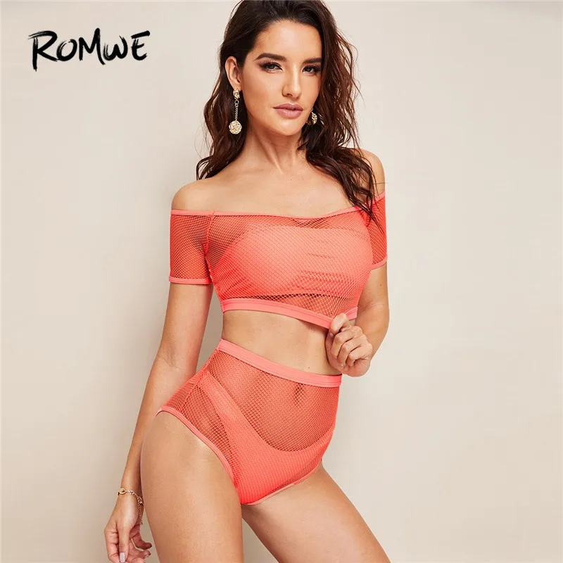 

Romwe Sport Off The Shoulder Fishnet Overlay High Waist Orange Two-Piece Swimsuits Women 4 pack Bikini Set Wire Free Swimwear