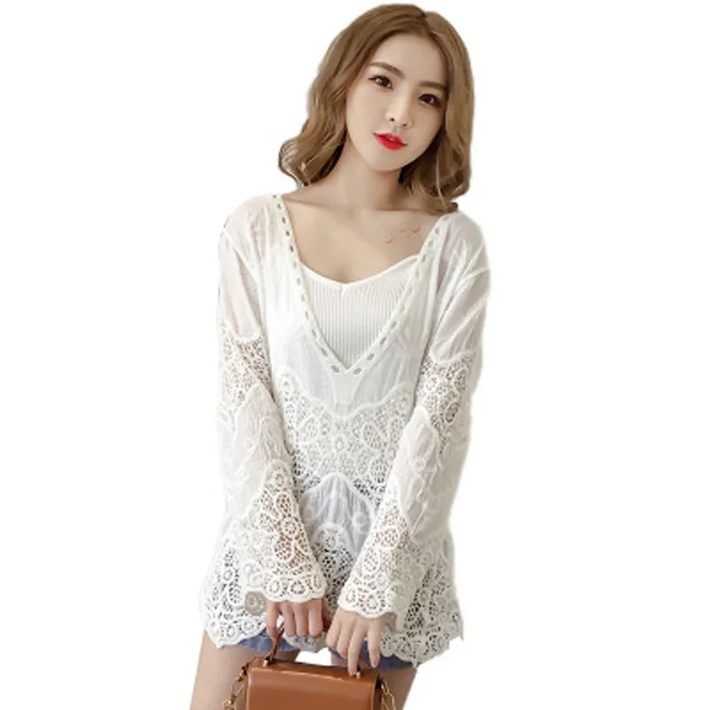 

Female Lace Sexy V-Neck Blouses Clothing 2018 Women Fashion Long Sleeve Shirts Hollow Out Solid Tops Lady White Blusas S6764