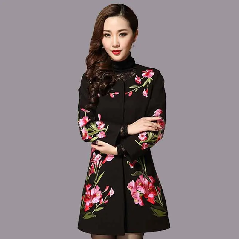 Autumn winter new female jacquard woolen coat womens black national wind silm floral printing embroidery long coat M to 4XL