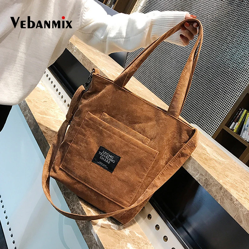 Women Corduroy Zipper Shoulder Bags Female Handbags Tote
