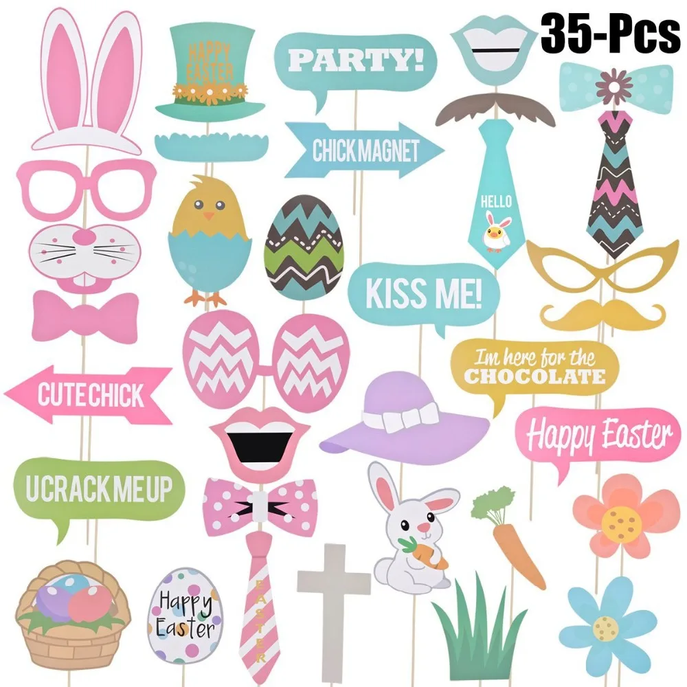 

ZOPHIL 35pcs Happy Easter Photobooth Easter Eggs Bunny Rabbit Easter Decoration for Home Family Party Supplies Event Accessories