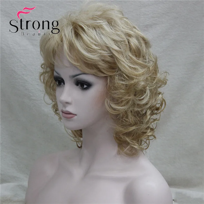 E-1560A #24H613 New Elegant Golden Blonde Mix Blonde Curly Short Synthetic Hair Full Women's Wig (4)