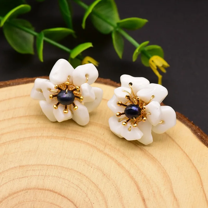 GLSEEVO Natural Jade Pearl Stud Earrings For Women Mom Birthday Day Gift 925 Sterling Silver Flower Earring Fine Jewelry GE0780 - Цвет камня: White