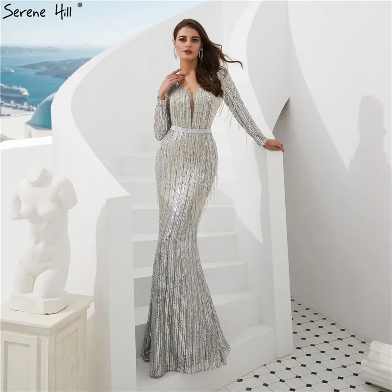 

Shaking Mermaid Fashion Elegant New Evening Dresses 2019 Long Sleeves Beading Formal Evening Gowns Serene Hill LA6544