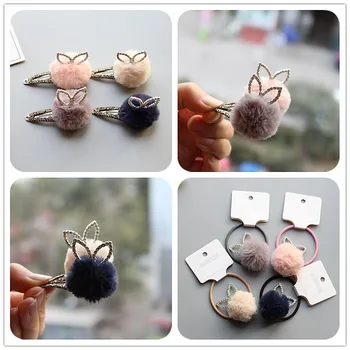 

MIXIU 4pcs Cute Rhinestone Rabbit Ears Pom Pom Hair Clip Hairball Elastic Hair Bands For Kids Girl Hair Decoration Supplies