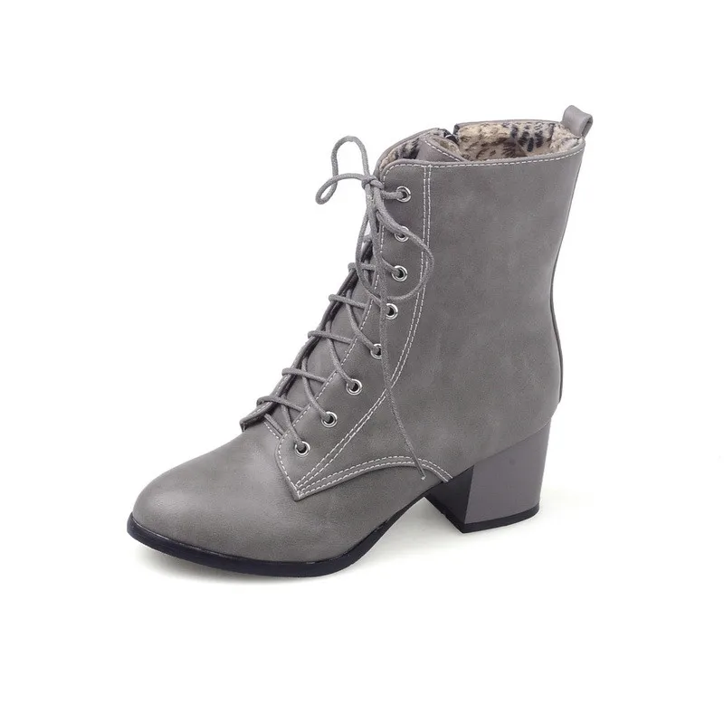 RYVBA/; женские ботильоны; женские ботинки на квадратном каблуке; сезон осень-зима; Женская рабочая обувь с перекрестной шнуровкой и круглым носком; большие размеры - Цвет: gray autumn