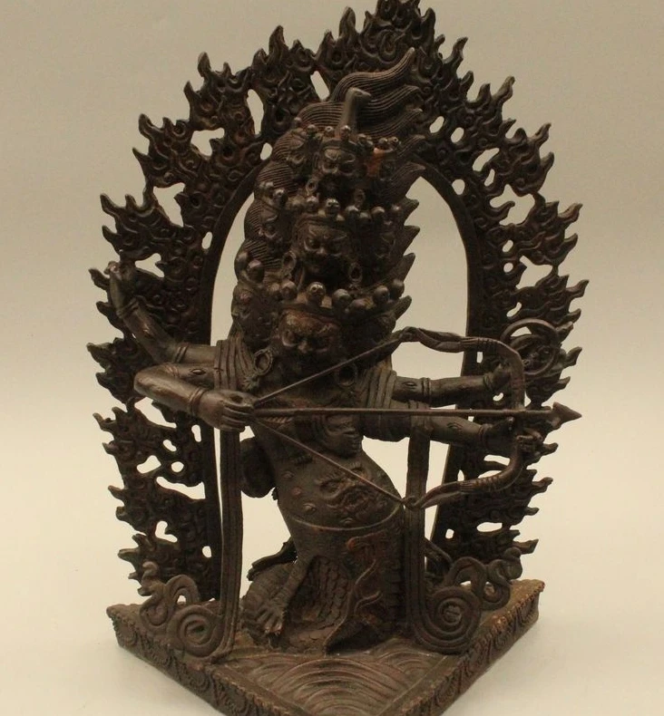 

12"Chinese Tibet Buddhism Folk Bronze Nine Heads Archery King Buddha Statue