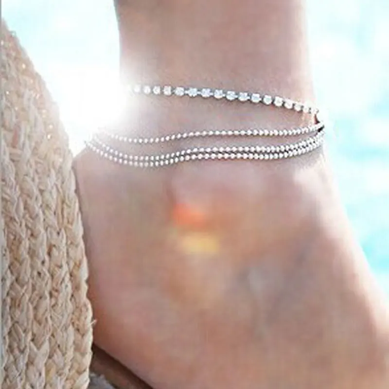 AOJUN Summer Beach Ankle Bracelets Crystal Bracelet Chain Foot Jewelry for Women Silver Plated Barefoot Sandals