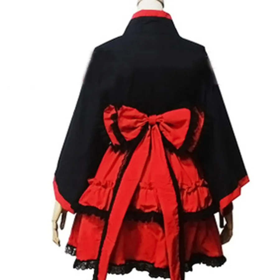 Элегантный Готическая Лолита костюм для Для женщин японские кимоно топ и Пышная юбка черный и красный цвета наряд симпатичное платье с большой Bowknots