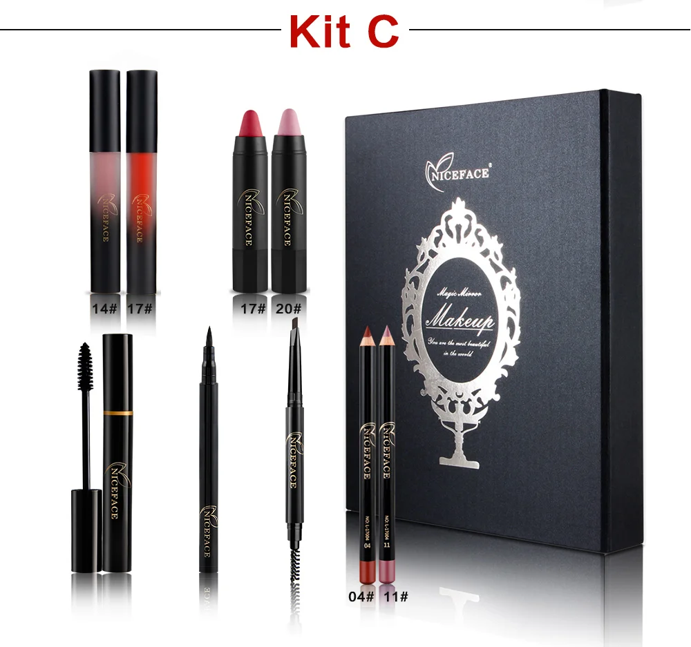 Magic Mirror Makeup Kit Eyelashes mascara + eyeliner + Eyebrow pencil + Lip liner + Liquid lipstick Long Lasting Brand Make Up (14)