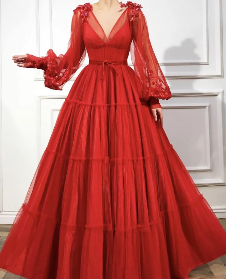 Robe De Soiree сексуальное красное дубайское вечернее платье с v-образным вырезом Иллюзия длинный рукав цветы Тюль Формальные Вечерние платья