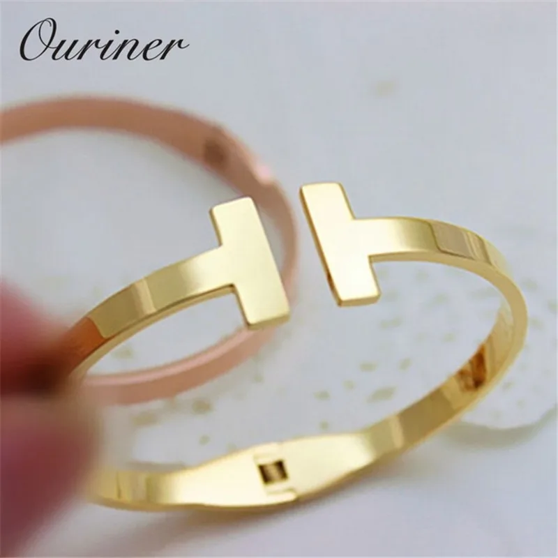 

Fashion Jewelry Bangle 361L Titanium Steel Gold-Color Love Letter Bracelet & Bangle for Women Men Cuff Bangles K0065