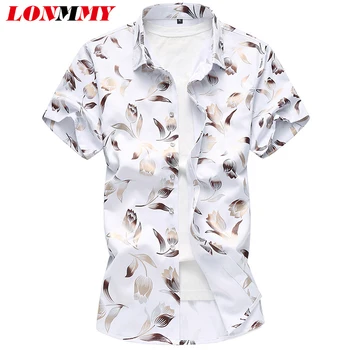 

LONMMY 5XL 6XL 7XL Casual men shirt Short sleeve Fashion Floral mens dress shirts flower White Black Sky Blue Navy 2018 Summer