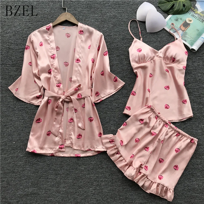 BZEL-Pajamas-Sets-Silk-Satin-Sleepwear-Cute-Strawberry-Nightwear-Sexy ...