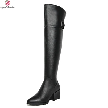 

Original Intention High-quality Women Over-the-Knee Boots Cow Leather Pointed Toe Square Heels Black Shoes Woman US Size 4-10