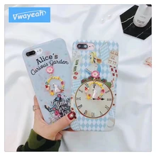 

Ins Hot 3D Garland Vintage Alice in Wonderland Curious Garden Rabbit Clock Flower Teapot Retro Case For iPhone x 10 6 7 8 plus