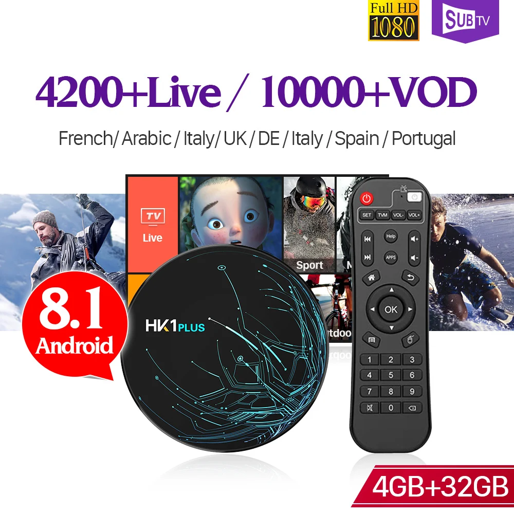 

HK1PLUS Android 8.1 IPTV France Canada Box S905X2 Dual-Band WIFI 4G 32G IPTV SUBTV 1 Year Code IPTV Italy Sweden Arabic Turkey