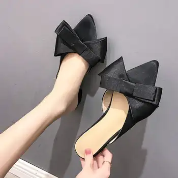 

2018 New Fashion Spring Summer Women's Shoes Korean Silk Satin Pointed Bow Tie Baotou Flat Heel Sets Semi A144