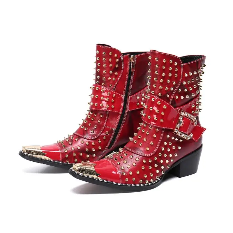 

2019 Man Fashion Party Iron Pointed Toe Boot Ankle Rivets Low Heel Chelsea Boot