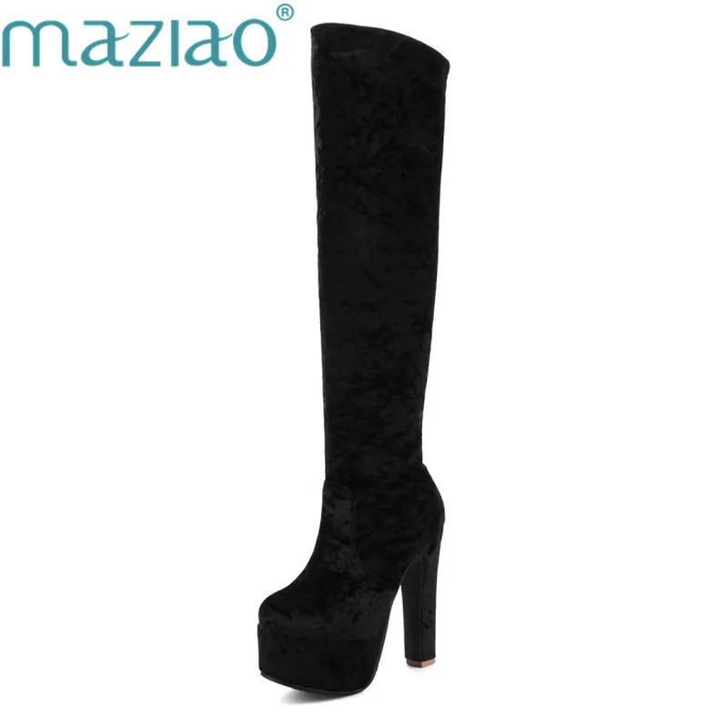 

MAZIAO Fashion Velvet Women Autumn Winter Party Nightclub Ladies Shoes Extreme High Heels Round Toe Platform Knee High Boots
