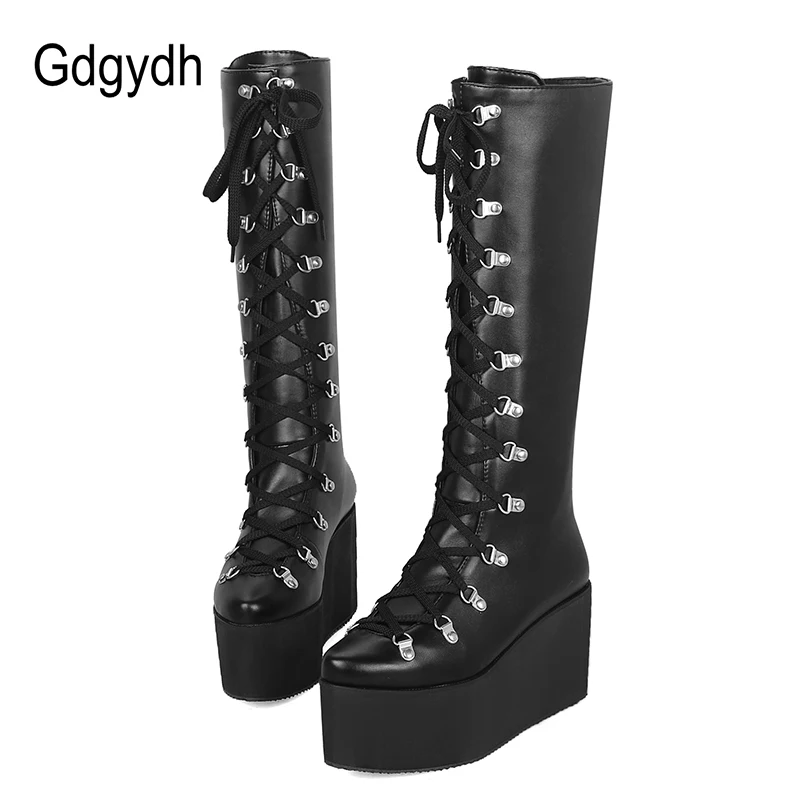 Najtaniej Gdgydh damskie buty do kolan klinowe obcasy buty na platformie kobieta Punk Gothic buty szpiczasty nosek zasznurować wygodne duże rozmiary 43
