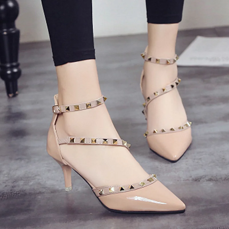 Brand Women Pumps Wedding Shoes Woman High Heels Nude Fashion Ankle Straps Rivets Shoes Sexy Bridal Shoes 6CM - Цвет: 905 Pink