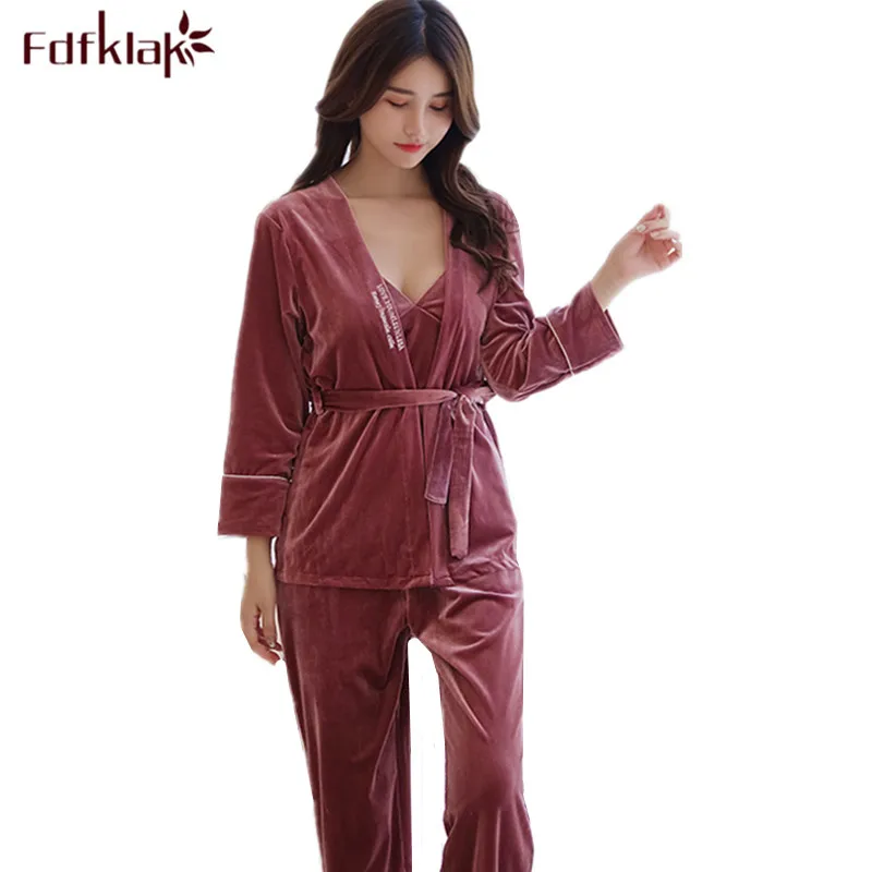 Fdfklak pijama mujer, сексуальное женское белье, комплект из 3 предметов, женский зимний пижамный комплект, золотой бархатный теплый Пижамный костюм, Дамская пижама, пижама