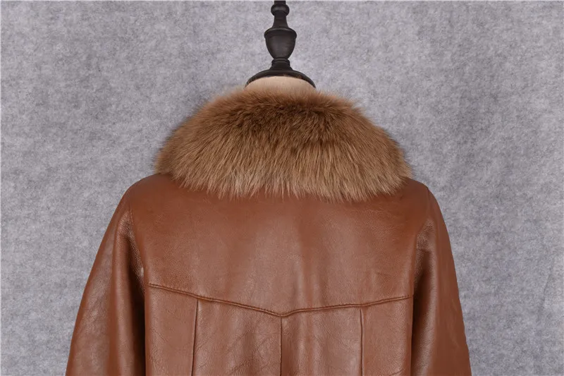 Italy women's genuine lambskin leather overcoat with real fox fur collar wool cashmere lining mommy's warm clothing brown xxxxxl