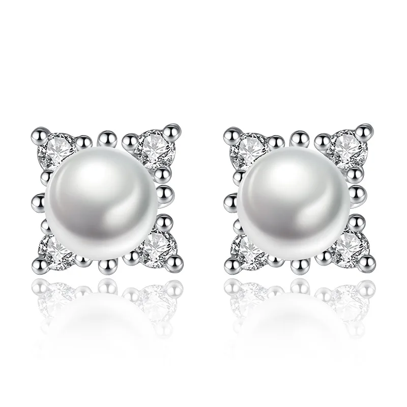

100% 925 sterling silver fashion shiny crystal imitation pearl ladies`stud earrings jewelry wholesale Anti allergy cheap